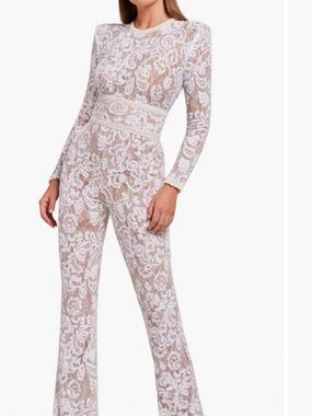 Nadine Merabi Lace Jumpsuit Nude & White Size M Bridal Occasion